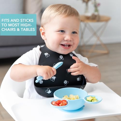 Bumkins Disney Baby Bowl, Silicone Feeding Set with Suction for Baby and Toddler, Includes Spoon and Lid, Essentials for Baby Led Weaning,for Babies 4 Months, Mickey Mouse Light Blue - color: C4 Mickey Mouse LBlu, style: Disney