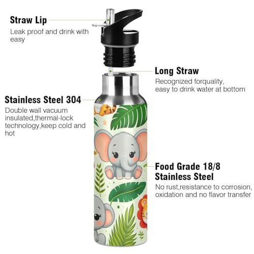 Elephant Palm Leaf Water Bottle Kids Stainless Steel Bottle with Straw Lid | Leak Proof Boys Girls Insulated Tumbler Cup for School 20 oz - color: Multi1