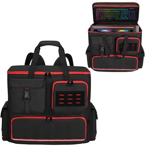 Desktop PC Tower Backpack for ATX/M-ATX Case with Bottom Pad | Padded PC Travel Bag with 6 Storage Pockets, MOLLE Side Pockets, Reflective Strips, Trolley Strap and Shoulder Straps, Black
