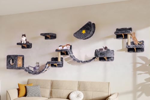 13-in-1 Cat Wall Shelves, Moon & Bridge Cat Wall Furniture, Grey | Wall Mounted Cats Shelf Set with Plush Fabric, Cat Climbing Systems for 16 Inch Drywall, Condo, Scratching Post, Space-Saving - color: Grey, size: 13-in-1