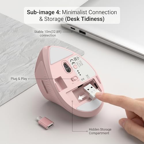 Ergonomic Wireless Vertical Mouse Pink, Bluetooth Mouse with BT5.0/4.0 & 2.4G+USB-C Adapter, Rechargeable Silent, 4 Adjustable DPI Levels, Multi-Device Computer for MacBook, Laptop, PC, Home Office - color: Pink