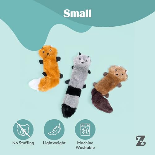 ZippyPaws Skinny Peltz No Stuffing Dog Toy Pack to Keep Them Busy - 11" | For Small and Medium Dogs, Squeaky Pet Toys, Unstuffed Chew Toys, Soft Plush Variety Pack, Fox, Raccoon, and Squirrel - style: Fox, Raccoon, Squirrel