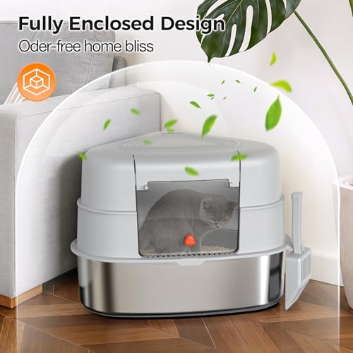 Chumajor XXL Stainless Steel Corner Cat Litter Box with Lid,Grey | Sturdy, No Odor & Space-Saving Hidden Design for Large Cats,Grey