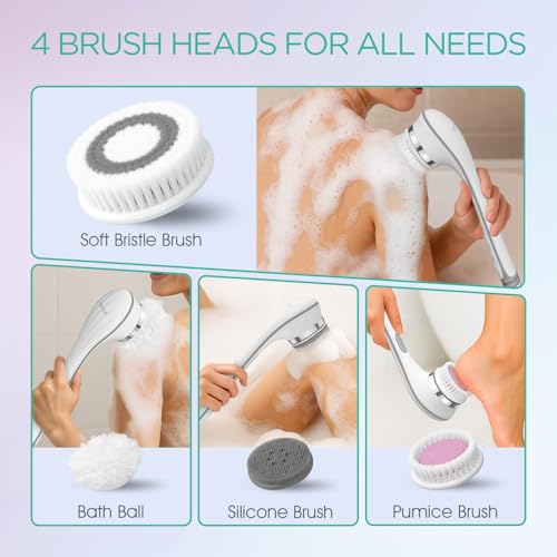 VOYOR Electric Body Brush Back Scrubber for Shower Rechargeable BC100, Grey | Exfoliating Bath Brush Powered Shower Brush with Non-Slip Long Handle Deep Cleansing, Exfoliation, Massaging Spin Brush - color: Grey