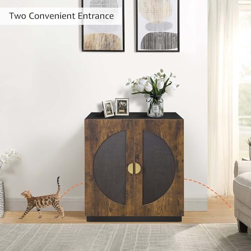 unipaws Tall Cat Litter Box Enclosure for Tall or Top Entry Litter Box | Hidden Litter Box Cover with Shelves, Kitty Enclosed Litter Box Cabinet, Cat Box Furniture - color: Rustic and Black