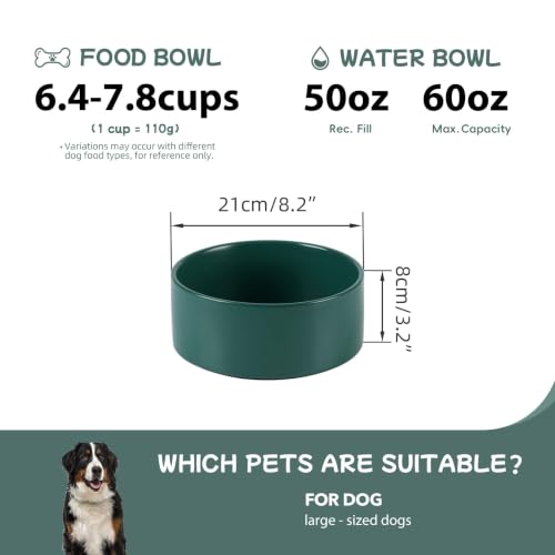 Havniva Ceramic Dog Bowls, 8.3” Dog Food and Water Bowl, Pet Feeding Bowl | Dog Food Bowl for Large Dogs, Food-Grade Ceramic, Dog Water Bowl with Non-Slip Rubber Base, Large Capacity, Dishwasher Safe - color: Matte Dark Green