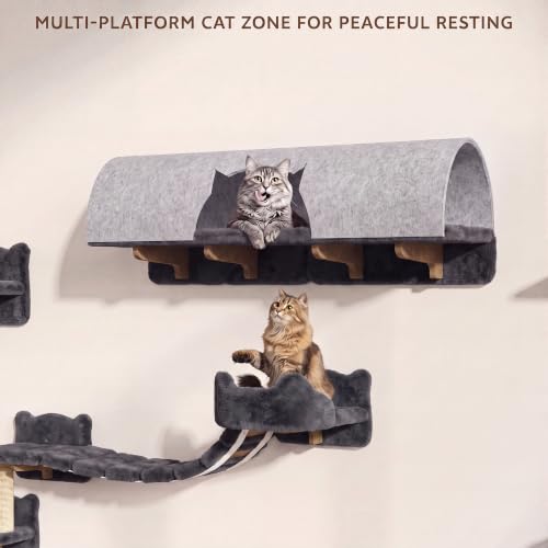 16-in-1 Cat Wall Shelves, Cat Furniture w/Tunnel & Bridge, Grey | Wall Mounted Cats Shelf Set with Plush Fabric, Cat Climbing Wall Systems for 16 Inch Drywall, with Scratching Posts, Condos - color: Grey, size: 16-in-1