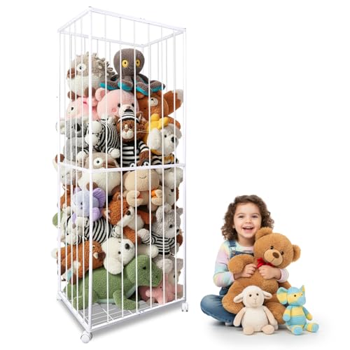 Stuffed Animal Storage, Metal Tube Extra Large Toy Storage Organizer with Brake Wheels, Stuffed Animal Holder Zoo Organizer for Nursery Playroom Kids Room White(61” x 23.6”x 16.5”) - color: White