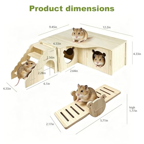 3-Piece Wooden Hamster Platform Set House & Ladder & Seesaw | Hamster Hideout Multi-Chamber Hamster House Maze Tunnel Rat Cage Platform Stand Boards Habitats Decor Accessories for Mice B - color: M