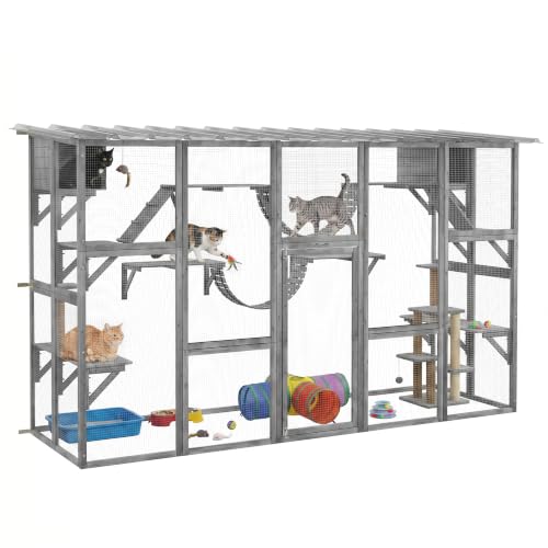 PawHut Catio Outdoor Cat Enclosure Window, 118" x 37.5" x 74", Gray | Outdoor Cat House, Weather Protection Roof, for Multiple Kitties, Wooden Frame, Shelves & Bridges - color: Grey