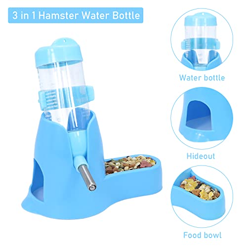 Wontee 3 in 1 Hamster Water Bottle with Food Bowl Hideout Base, 80ML, Blue | Water dispenser, food container, hideout, stable base, easy to refill, for glass tank/cage, dwarf hamster/mouse/gerbil, 2.7oz - color: Blue, size: 80ML