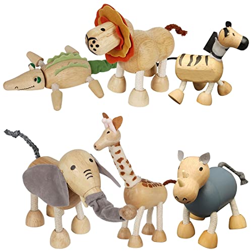 6 Pack Bendable Wooden Animal Figurines Toys, Smooth Natural Wood Zoo Jungle Safari Animals Figures - color: 6 Pack Zoo