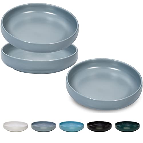 Ceramic Cat Bowls,Shallow Cat Dishes for Food and Water, 6 inch Matte Finish Wide Cat Food Bowl,Whisker Fatigue Free Pet Puppy Kitten Bowl Set of 3,Dishwasher Safe - color: Bluish grey-3pack