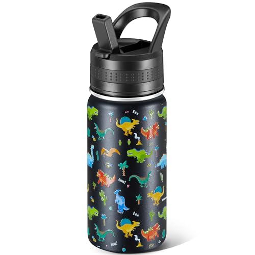 14 Oz Kids Water Bottle, Stainless Steel Water Bottle with Straws, Leak-Proof, BPA-Free, Insulated Water Bottles for School Boys & Girls|Black Dinosaur - color: Black cartoon dinosaur