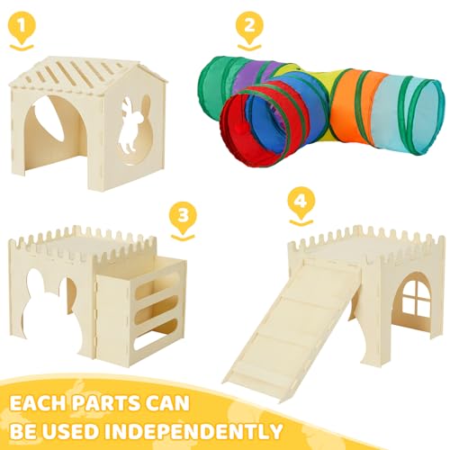 Extra Large Rabbit Hideout, Wooden Bunny Castle with Tunnel and Stair, Rabbit House Tower with Hay Feeder Sturdy Habitat for Guinea Pig Chinchilla Ferret Hamster - color: -Natural -03