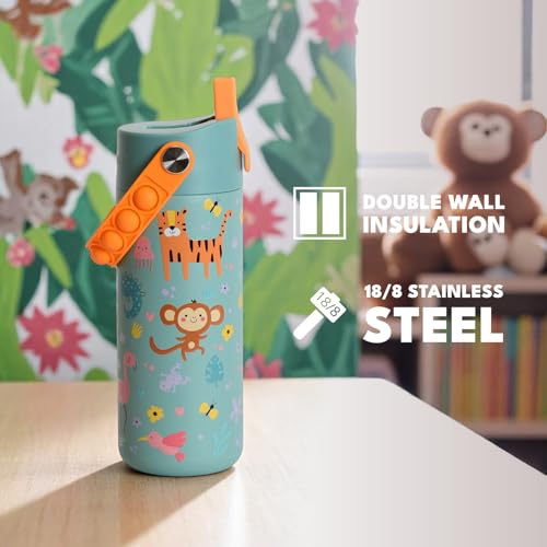 Elemental 100% Leak Proof When Spout is Closed Insulated Kids Water Bottle, Stainless Steel Bottle for School with Straw Lid & Pop-It Handle, Safari & Sage -18oz (2 Pack) - color: Safari and Sage