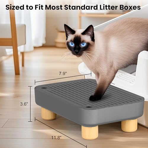 Litter Box Step, Litter Box Ramp/Catcher with Wooden Base, Anti-Tracking & Easy to Clean, Ideal for Small & Elderly Cats (Dark Gray) - color: Dark Gray