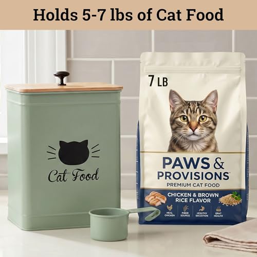 Metal Cat Food Container with Scoop 5-7 lb (25 Cup), w/ Airtight Bamboo Lid | Cat Kibble Canister with Metal Scoop, 25 Cups, Chew Proof Iron Body, Powder Coated, Airtight Bamboo Lid, Sturdy Metal Handle - color: Sage Green