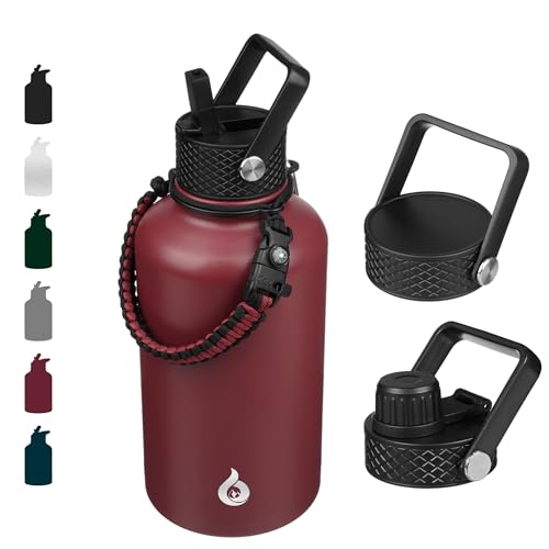 BJPKPK 64oz Insulated Water Bottle, Half Gallon Water Jug with Straw Lid | Large Stainless Steel Vacuum Jug, Keep Cold & Hot, BPA-Free Leak-Proof with 3 Lids, Paracord Handle, for Sports Hiking Travel - color: Brick Red, size: 64 Ounces