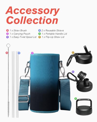 Coolflask 32 oz Water Bottle Insulated with Straw & 3 Leakproof Lids | Water Flask Stainless Steel Triple-Wall Vacuum,Cold 48+h, Dishwasher Safe,Wide Mouth,BPA-Free,Carrier Bag,for Gym,Hiking - color: Samurai Cyan, size: 32 Ounces