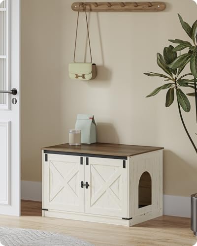 Hzuaneri Cat Litter Box Enclosure, Hidden Litter Box Furniture with Divider | Wooden Cat Cabinet with Removable Dividers, Reversible Entrance Left or Right Side, Cat Washroom, Rustic White Brown CB84614X - color: Rustic White and Brown, size: 31.5"L x 21.