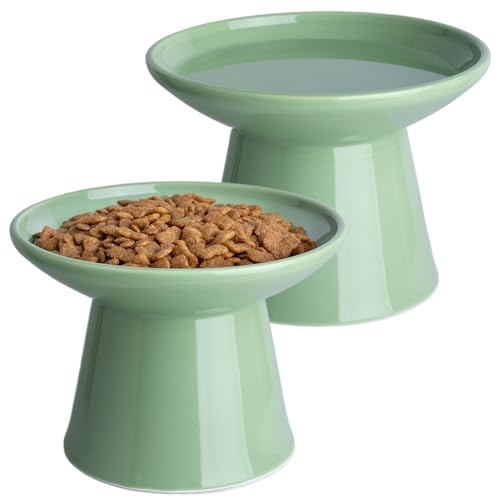 Ceramic Elevated Cat Bowls - 6.2 Inch Extra Wide Raised Cat Food and Water Bowl Set for Indoor Cats, Whisker-Friendly Ceramic Cat Dish for Elder Big Cats & Small Dogs,Green,2 Pack - color: Green, size: 2 Pack