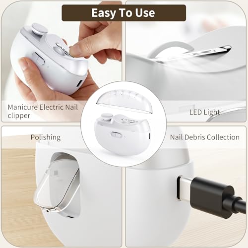 Electric Nail Clipper, 3-in-1 Dual-Speed Automatic Nail File, Toenail Trimmer with LED Light, Polishing and Dust Collection Functions, Suitable for Baby, Children, Adults, and Seniors (White)