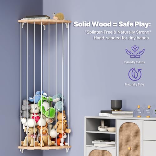 Corner Stuffed Animal Storage Zoo – Adjustable Natural Solid Wood Toy Organizer & Teddy Bear Holder – Large Wall Plushie Cage Shelf with Reinforced Star & Moon Cutouts for Nursery Kids Room
