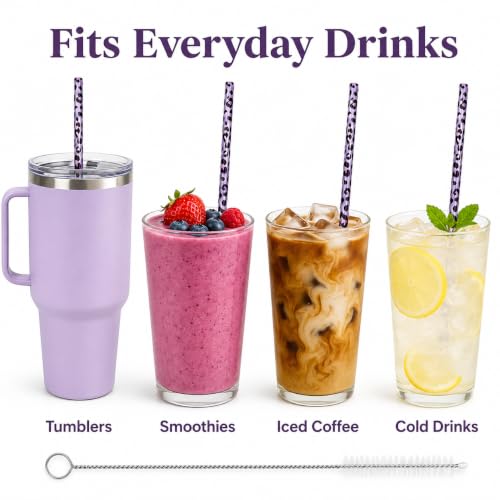 10 Pcs Reusable Brown Leopard Straws Long Straws with Cleaning Brushes | Plastic Cheetah Animal Straws Brown Leopard Print Drinking Straws for Tumblers Cups Safari Wild Favors Birthday Party Supply - color: Purple
