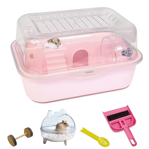 Hamiledyi Dwarf Hamster Cage Clear Plastic Small Hamster Cage Portable Carrier with Water Bottle Exercise Wheel Bathtub Box Set Toy for Dwarf Baby Hamster (Pink) - color: Pink