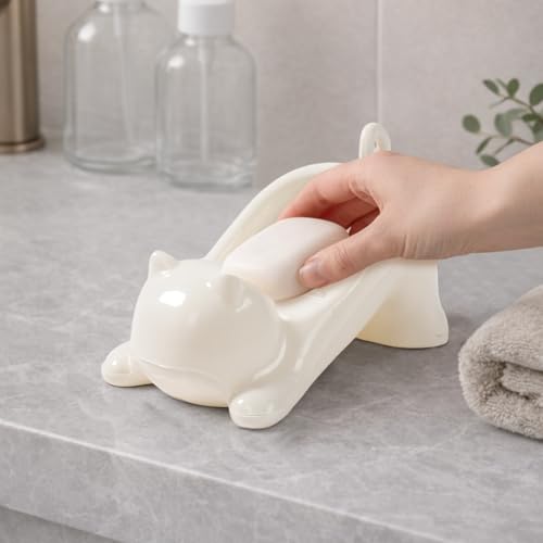 Cat Shape Soap Dish, Plastic Cute White Cat Soap Dish with Drainage Holes, Non-Slip Animal Sponge Holder Bathroom Storage Container for Bathroom, Sink, Tub Sink, Shower, Kitchen Counter
