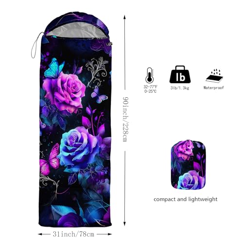 QOOMO Camping Sleeping Bags,3 Season Warm & Cool Weather,Lightweight,Waterproof Sleeping Bags for Adults & Kids,Traveling,and Outdoors,Camping Gear Equipment - color: Purple Butterfly Rose 4
