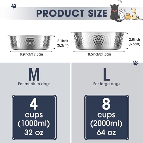 Teenyyou 8 Pcs Hammered Stainless Steel Dog Bowls 8 Cup/64 oz, 8.5 Dia Metal Pet Food and Water Bowls Bulk Thickened Durable Replacement Dish for Small Medium Large Dog (Silver) - size: 8 Cup/64 Oz, 8.5 Dia