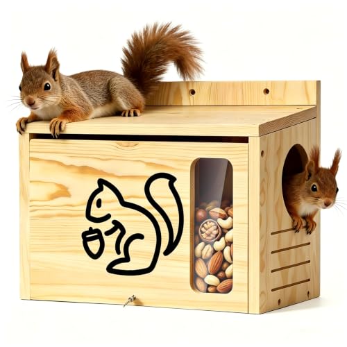 Widened Medium Wooden Squirrel House for Outside | Dual Protective Entry Design with Squirrel Feeder, Squirrel Nesting Box, Easy Assembly - size: Widened Medium