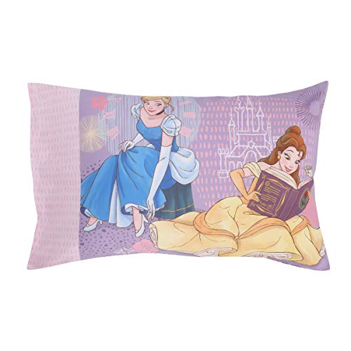 Disney Princess Always Be Bold Pink, Aqua, Blue, Lavender, and Yellow 4-Piece Belle, Ariel and Cinderella Toddler Bed Set - Comforter, Fitted Bottom Sheet, Flat Top Sheet, Reversible Pillowcase - color: Disney Princess