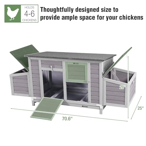 Large Chicken Coop for 4-6 Chickens with Nesting Box, Predator Proof Outdoor Hen House, Reinforced Frame, Waterproof Asphalt Roof, Easy Clean Pull-Out Tray, Ventilated Design