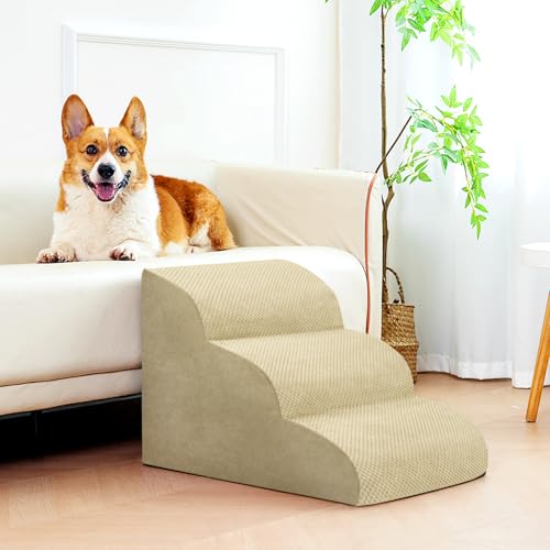 Dog Stairs for Small Dogs, High Density Foam Dog Steps, Extra Wide Non-Slip Pet Ramp for High Beds Or Couch, Soft Doggie Ladder for Dogs Injured, Older Pets, Small Cats, 3 Stpes,Camel - color: Camel, size: 3 Steps
