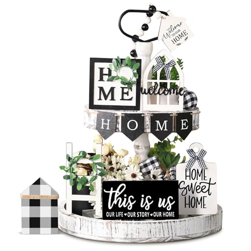 FairySandy Set of 11 Home Tiered Tray Decor This is us Rustic Farmhouse Tiered Tray Decorations Set Home Wooden Signs Vintage Farm Animal Farmhouse Tabletop Wood Signs for Kitchen Table Shelf Decor - style: Plaid