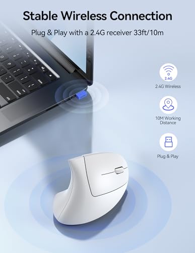 TECKNET Wireless Ergonomic Mouse, Rechargeable Wireless Vertical Mouse | Rechargeable Mouse White, 2.4GHz USB Receiver, Silent Click, 6 Adjustable DPI up to 4800, 6 Buttons for Laptop, PC & MacBook, - color: Light White