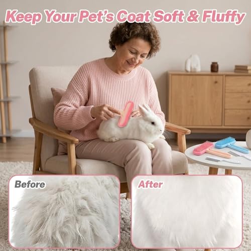 4pcs Bunny Brush Set, Rabbit Brush, Professional Bunny Grooming Tools for Rabbit Care, Pet Hair Maintenance for Shedding Season & Bath Time, in Pink, Blue and White Color