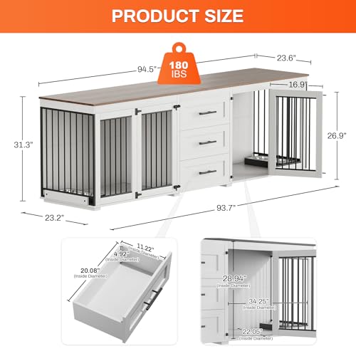 Rophefx 94.5" Dog Crate Furniture for 2 Dogs, Wooden Kennel TV Stand, White | Indoor double dog house with 3 storage drawers, 4 feeding bowls, lockable doors, and a wide top for large and medium dogs - color: White