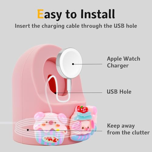 Cute 3D Cartoon Pig Charger Stand Compatible with Apple Watch Series 9/8/SE2/SE/Ultra2/Ultra/7/6/5/4/3/2/1 (49mm 45mm 44mm 42mm 41mm 40mm 38mm), Silicone iWatch Charging Dock Supports Nightstand Mode - color: Watch Pink Strawberry Pig