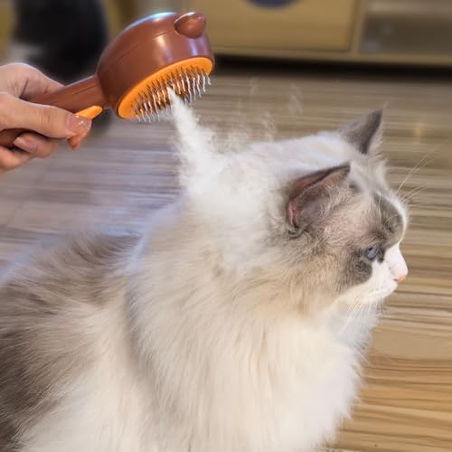 Cat Steam Brush with 2 Spray Levels & Release Button 4-in-1 Cat Water Brush | for Shedding Grooming, Pet Hair Removal Comb for Long Short Haired Cats Dogs, IPX7 Waterproof Self Cleaning Slicker Brush - color: Brown with Handle