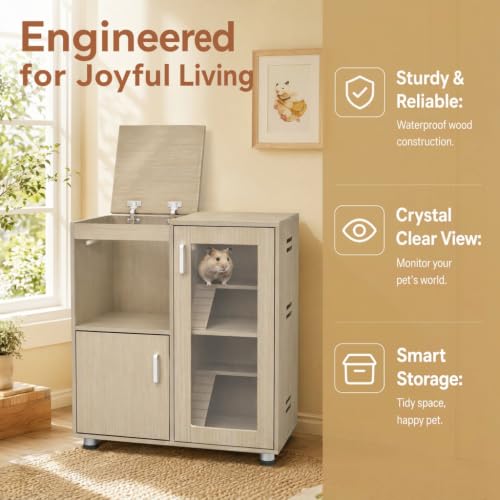 Guinea Pig Cages, Hamster Cage Wood with Independent Storage Cabinet, House for Rat Chinchilla with Guinea Pig Hutch and Bridge, Openable Top with Acrylic Sheets (Teak) - color: Teak