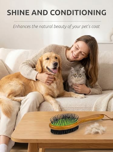 TAKAVU Pin & Bristle Pet Brush for Dogs & Cats, Double-Sided | Grooming Tool Detangles, Removes Loose Hair & Conditions Coat, Soft on Sensitive Skin, Natural Wood Handle Groomer - color: Black Boar Bristle & Pin Brush