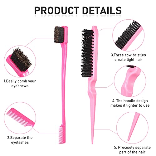 Remerry 12 Pieces Hair Brush Set, Nylon Teasing Hair Brushes 3 Row Salon Teasing Brush, Double Sided Edge Smooth Comb Grooming, Rat Tail Combs with Duckbill Clips for Women(Pink) - color: Pink