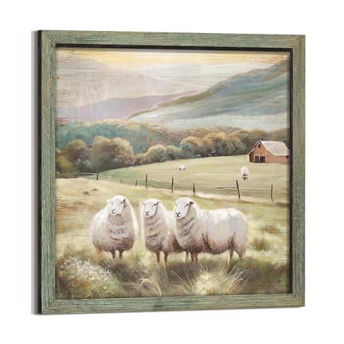 Farmhouse Animal Wall Art Decor: Bathroom Picture Rustic Barn Framed Wooden Print Farm Landscape Sheep Artwork Painting for Bedroom Home 12 x 12 Inches - color: Farm Sheep, size: 12L" x 12W"