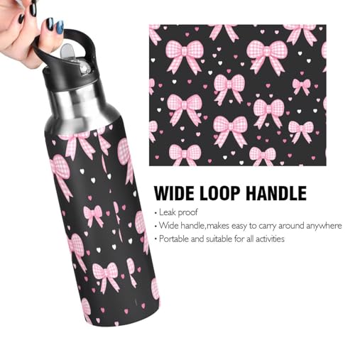 Pink Bow Heart Water Bottle Girls Stainless Steel Bottle with Straw Lid | Kids Leak Proof Boys Girls Insulated Tumbler Cup for School 20 oz - color: Multi10