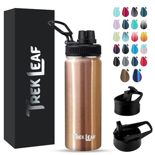 Travel Water Bottle with 3 Lids (Spout, Straw, Flip) Leak Proof, Quality, Vacuum Insulated, Stainless Steel (Rose Gold, 18 oz) - color: Rose Gold, size: 18 Ounces