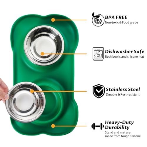 Hubulk Pet Dog Bowls 2 Stainless Steel Dog Bowl with No Spill Non-Skid Silicone Mat + Pet Food Scoop Water and Food Feeder Bowls for Feeding Small Medium Large Dogs Cats Puppies (Small, Hunter Green) - color: Hunter Green, size: Small